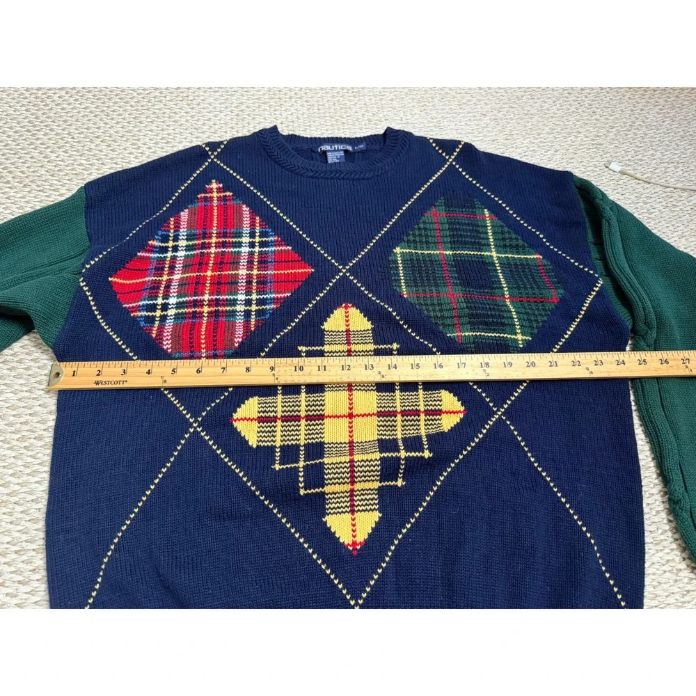 Vintage Nautica Mens Argyle Plaid Intarsia Cotton Knit Sweater grandpa golf LG